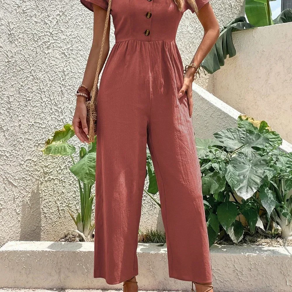 New Puff Sleeve Zip Back Jumpsuit  Redwood - Picture 4 of 7